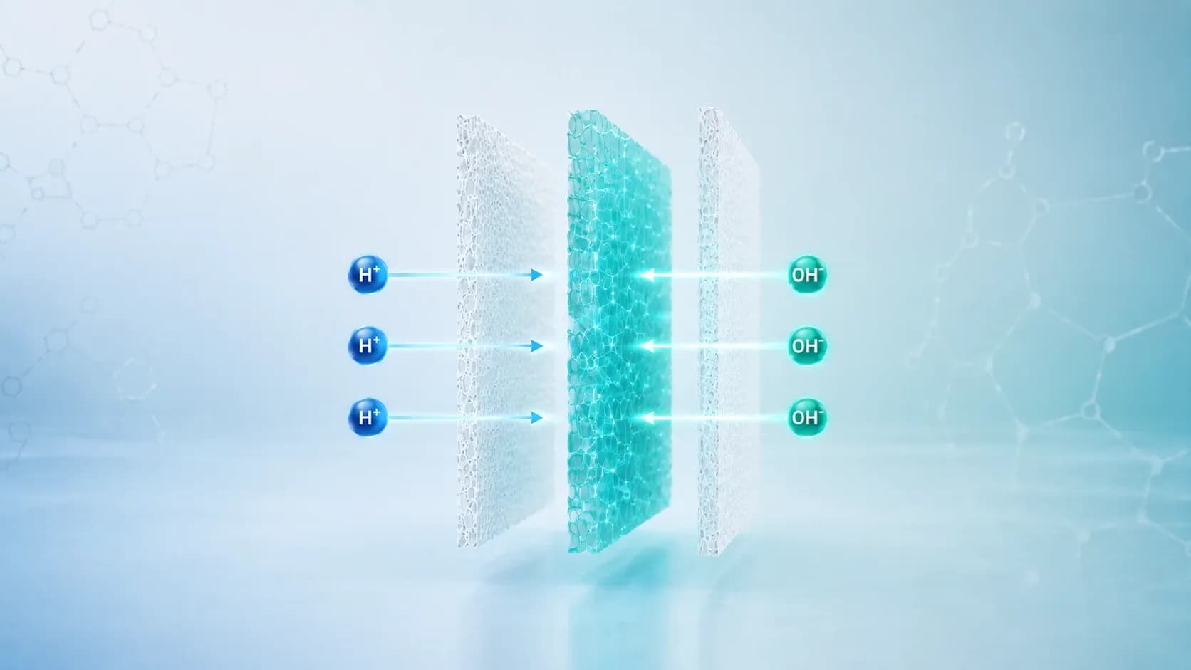 A three-layer ion exchange membrane shown edge-on, with protons migrating in from the left and hydroxide ions from the right into the central junction layer.