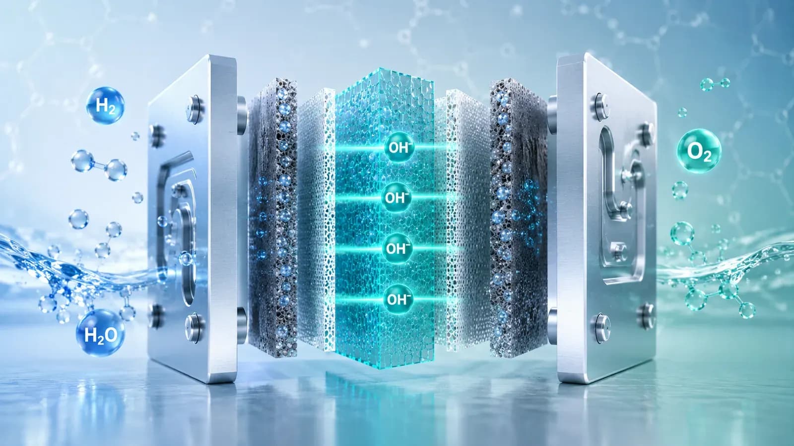 Exploded view of an AEMWE electrolyzer cell: endplates, porous electrodes and the anion exchange membrane transporting OH- ions, splitting water into hydrogen and oxygen