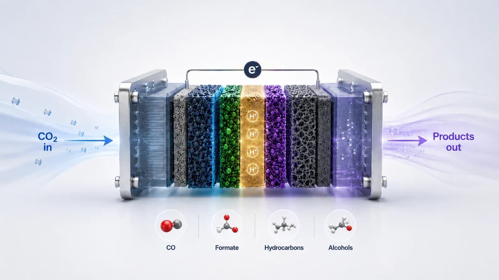 Exploded view of a CO₂ electroreduction cell: CO₂ fed in at the cathode, electrons flowing through the external circuit, and products — CO, formate, hydrocarbons and alcohols — coming out.