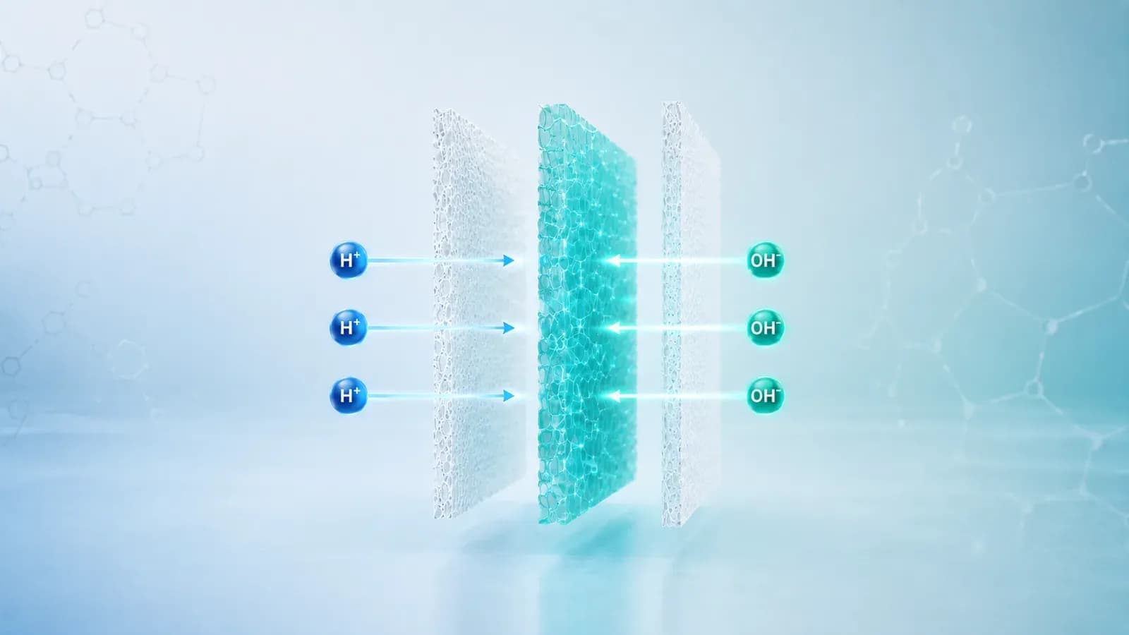 Ion exchange membrane transporting H+ and OH- ions between porous electrode layers
